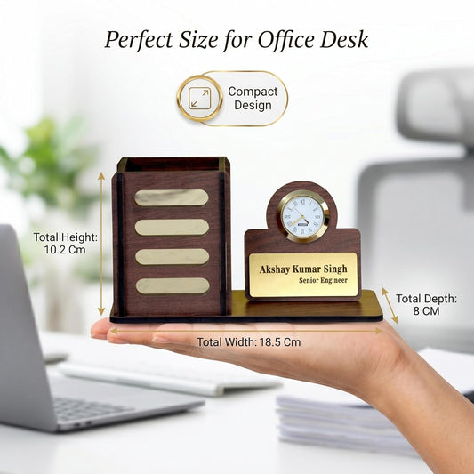 Personalized Wooden Desk Organizer with Clock & Name Plate | Executive Office Desk Pen Stand & Custom Gift
