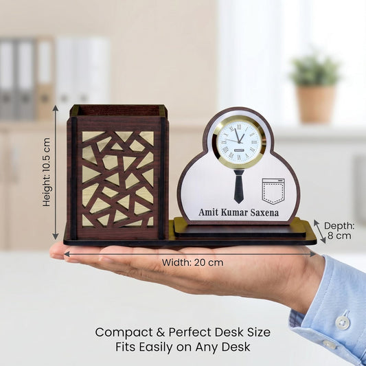 Personalized Wooden Desk Organizer with Clock & Shirt Name Plate | Office Table Organizer | Customised Gift for Men | Pen Stand Stationery Holder | Desktop Organizer Accessories - Shirt Brown
