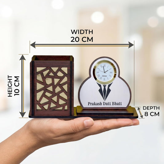 Personalized Wooden Desk Organizer with Clock & Suit Name Plate | Corporate Gift for Professionals | Executive Office Table Organizer | Customised Pen Stand Holder | Desk Decor - Suit Brown
