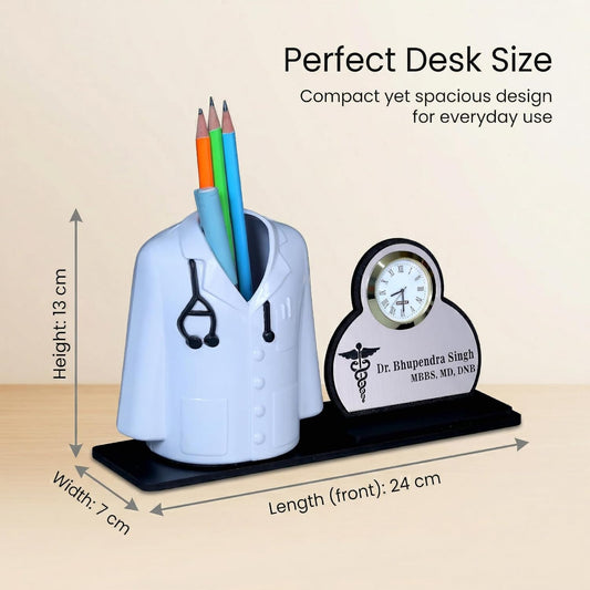 Giftationery Premium Apron/Coat Shape Pencil Holder for Clinic and Office Desk with clock | personalized gift for doctor Pen Stand | The best gift for doctors female, male & Medical Aspirants