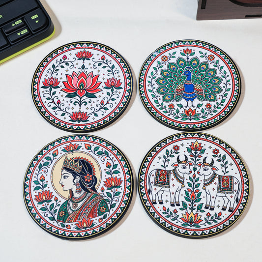 coaster 4 setMadhubani Tea Coasters Set of 4 with Holder - Wooden Coasters for Table