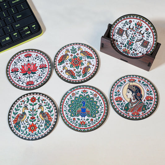 Madhubani Tea Coasters Set of 6 with Holder - Wooden Coasters for Table