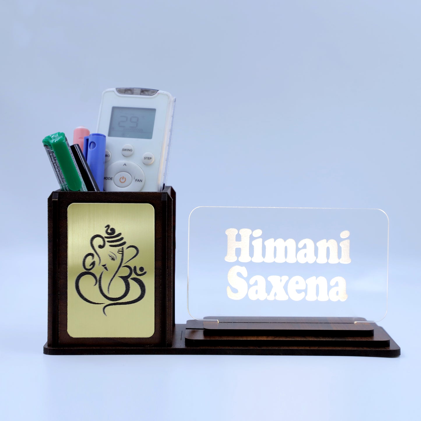 Desk Organizer with LED Name Lamp | Customized Gift for Men, Women, Teachers, Doctors, Dad, Husband | Pen Holder, Table Lamp | Personalized Birthday Gift | Office Organizer - Gold Emblem