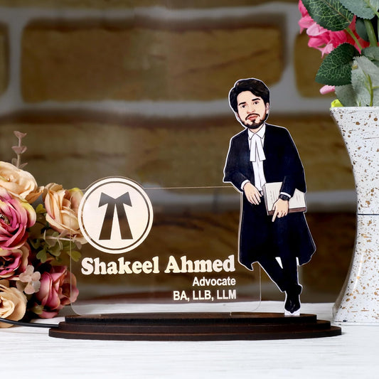 Personalized Advocate Caricature LED Name Plate – Custom Photo Desk Nameplate for Lawyers