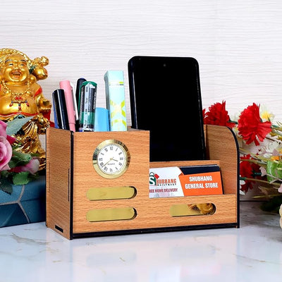 Wooden Desk Organizer with Clock, Mobile & Card Holder | Multi-Compartment Pen Stand for Office & Study Table