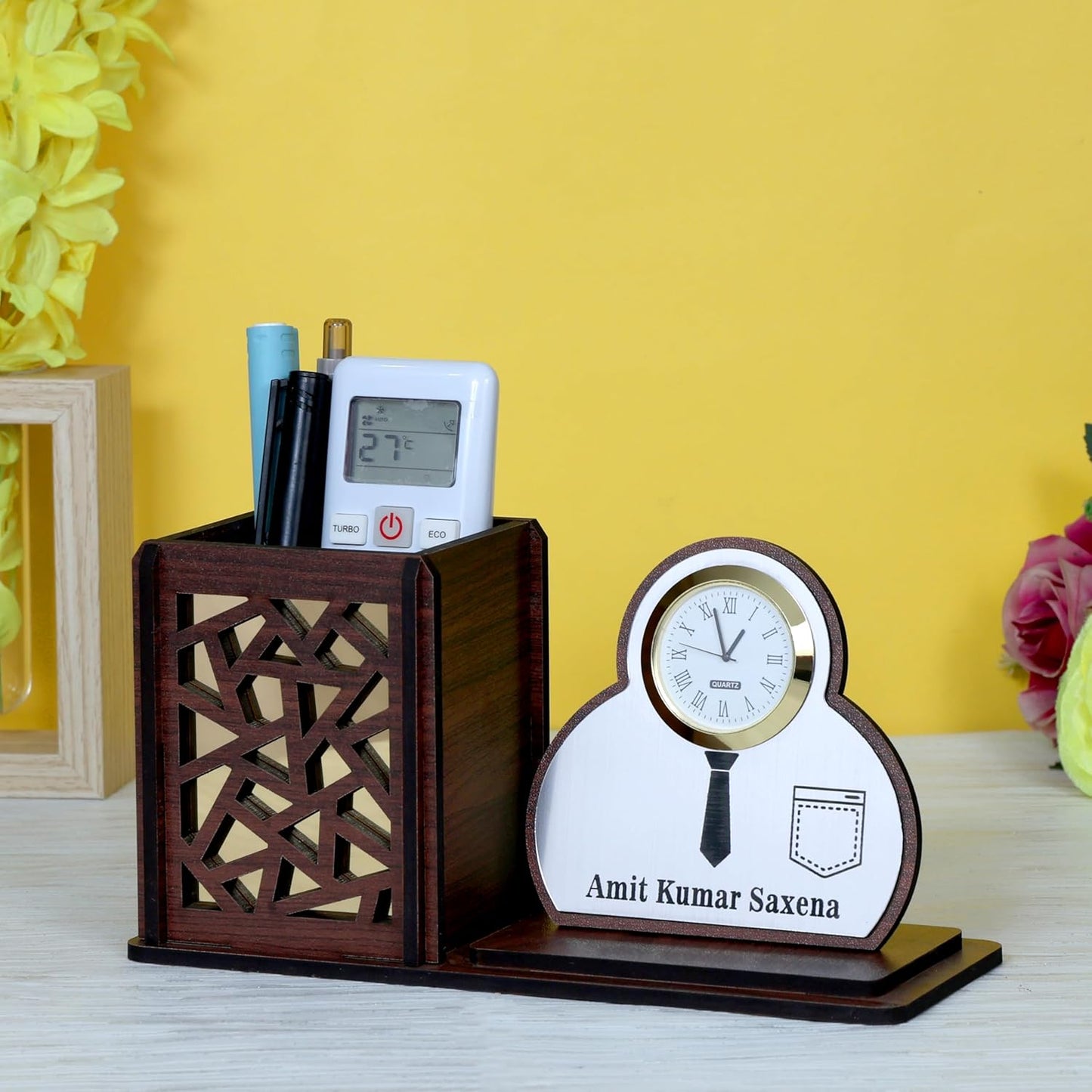 Personalized Wooden Desk Organizer with Clock & Shirt Name Plate | Office Table Organizer | Customised Gift for Men | Pen Stand Stationery Holder | Desktop Organizer Accessories - Shirt Brown