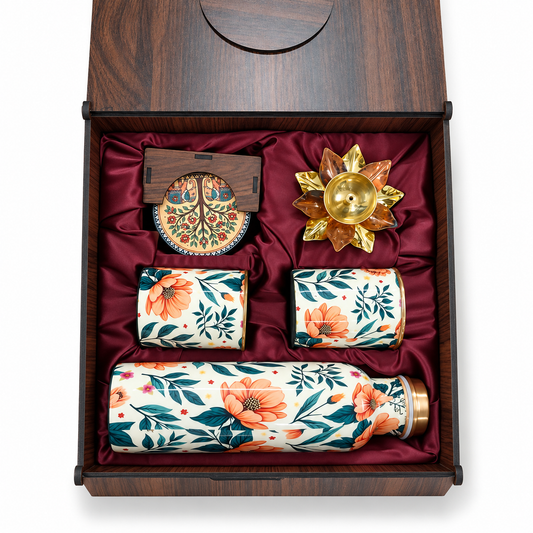 Corporate Diwali Gift Hamper Box, Wooden Box with Copper Bottle, Glasses, Coaster and Lotus Diya (Customisable with Logo)