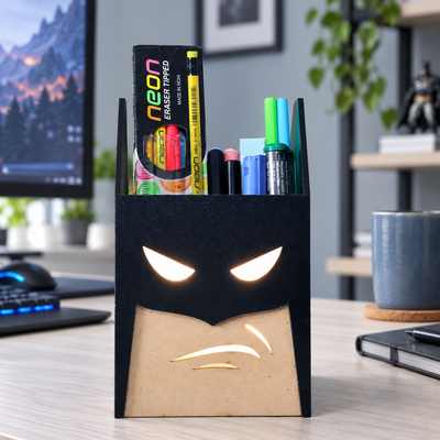LED Glow Batman Pen Stand | Wooden Desk Organizer & Pencil Holder for Kids, Office & Study Table
