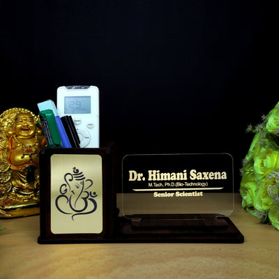 Personalized Wood Desk Organizer with Golden Emblem LED Name Lamp | Custom Pen Holder & Nameplate Gift for Men, Women, Teachers, Doctors