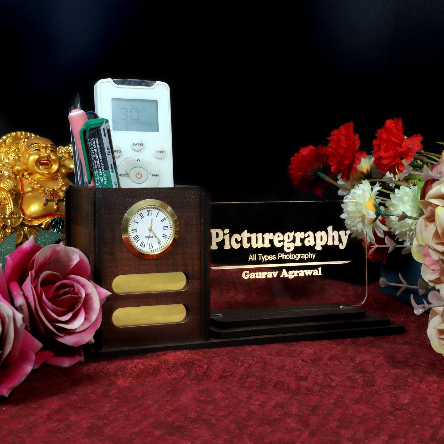 Desk Organizer with LED Name Lamp | Customized Gift for Men, Women, Teachers, Doctors, Dad, Husband | Pen Holder, Table Lamp | Personalized Birthday Gift | Office Organizer - With Watch