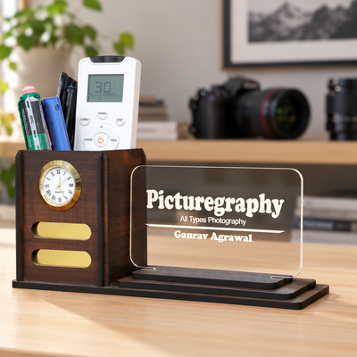Personalized Wood Desk Organizer with LED Name Lamp | Custom Pen Holder & Nameplate Gift for Men, Women, Teachers, Doctors