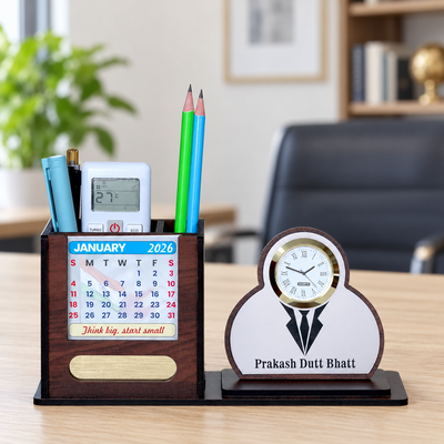 Personalized Wooden Desk Organizer with Pen Holder, Clock & Calendar | Office Table Organizer with Custom Name Plate