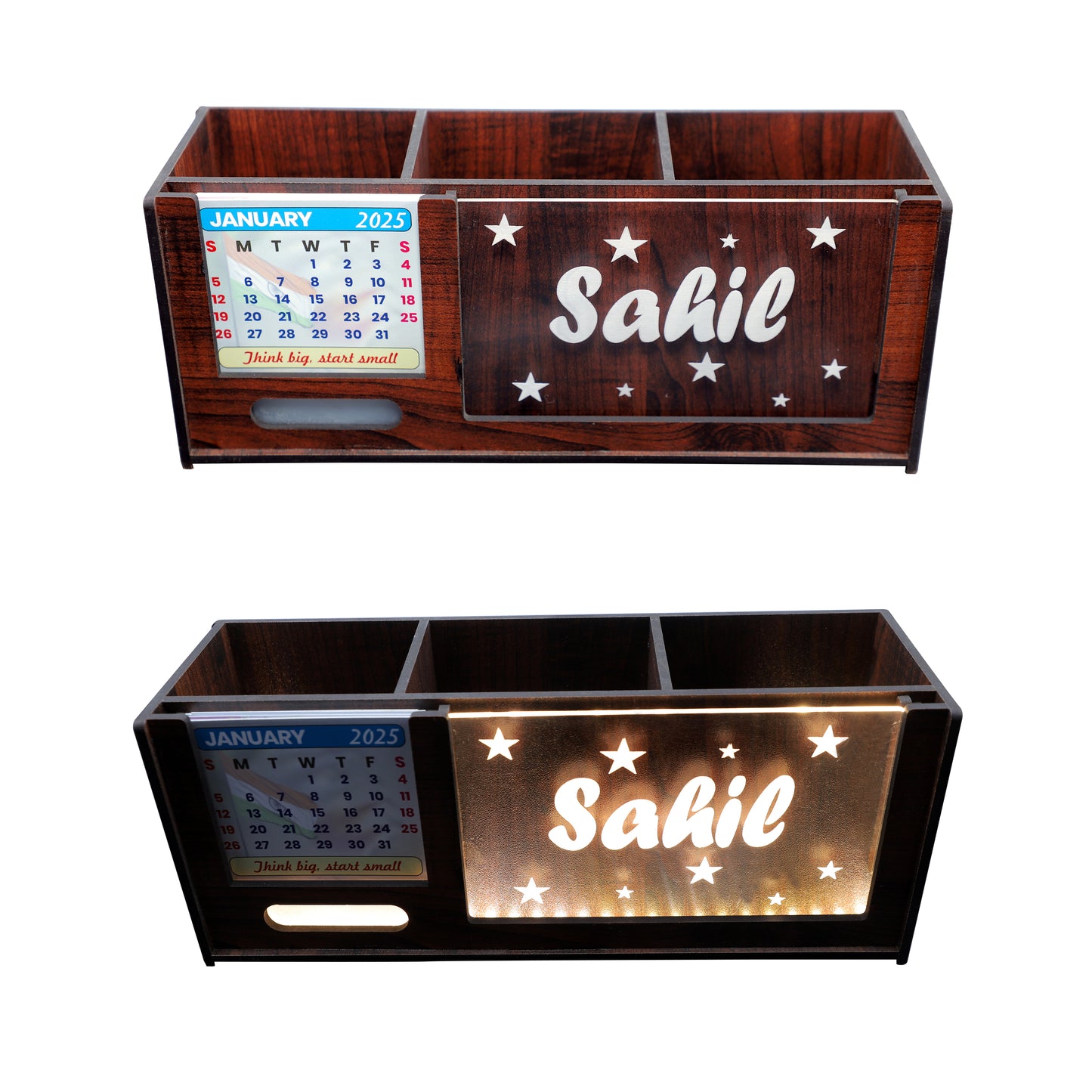 Desk Organizer with LED Name Lamp | Customized Gift for Men, Women, Teachers, Doctors, Dad, Husband | Pen Holder, Table Lamp | Personalized Birthday Gift | Office Organizer - Three Box