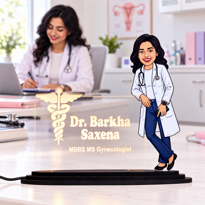 Personalized Lady Doctor Caricature LED Name Plate – Custom Photo & Name Desk Gift for Women Doctors