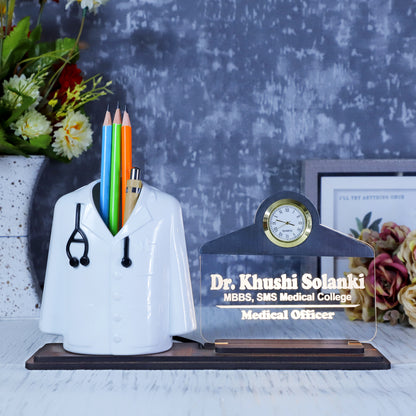Doctor Coat Pen Stand with LED Name Plate, Clock & Wooden Base | Customized Desk Organizer for Doctors & Medical Aspirants | Apron Shape Pencil Holder with Stylish Name Engraved Plate