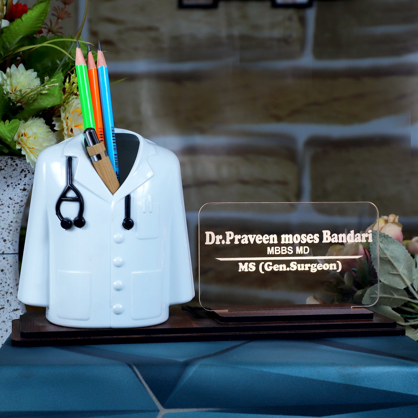 Doctor Coat Pen Stand with LED Name Plate, Wooden Base, Bamboo Pen & Personalized Wooden Keyring | Customized Desk Organizer for Doctors & Medical Aspirants | Apron Shape Pencil Holder