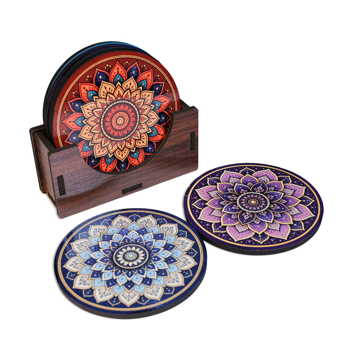 Mandala Art Tea Coasters Set of 4 with Holder - Wooden Coasters for Table