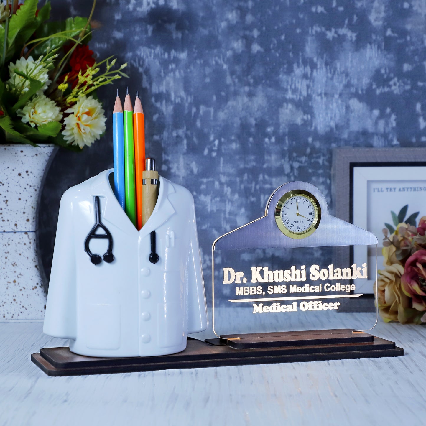 Doctor Coat Pen Stand with LED Name Plate, Clock & Wooden Base | Bamboo Pen & Personalized Wooden Keyring with Stylish Name Plate | Customized Desk Organizer for Doctors Medical Aspirants