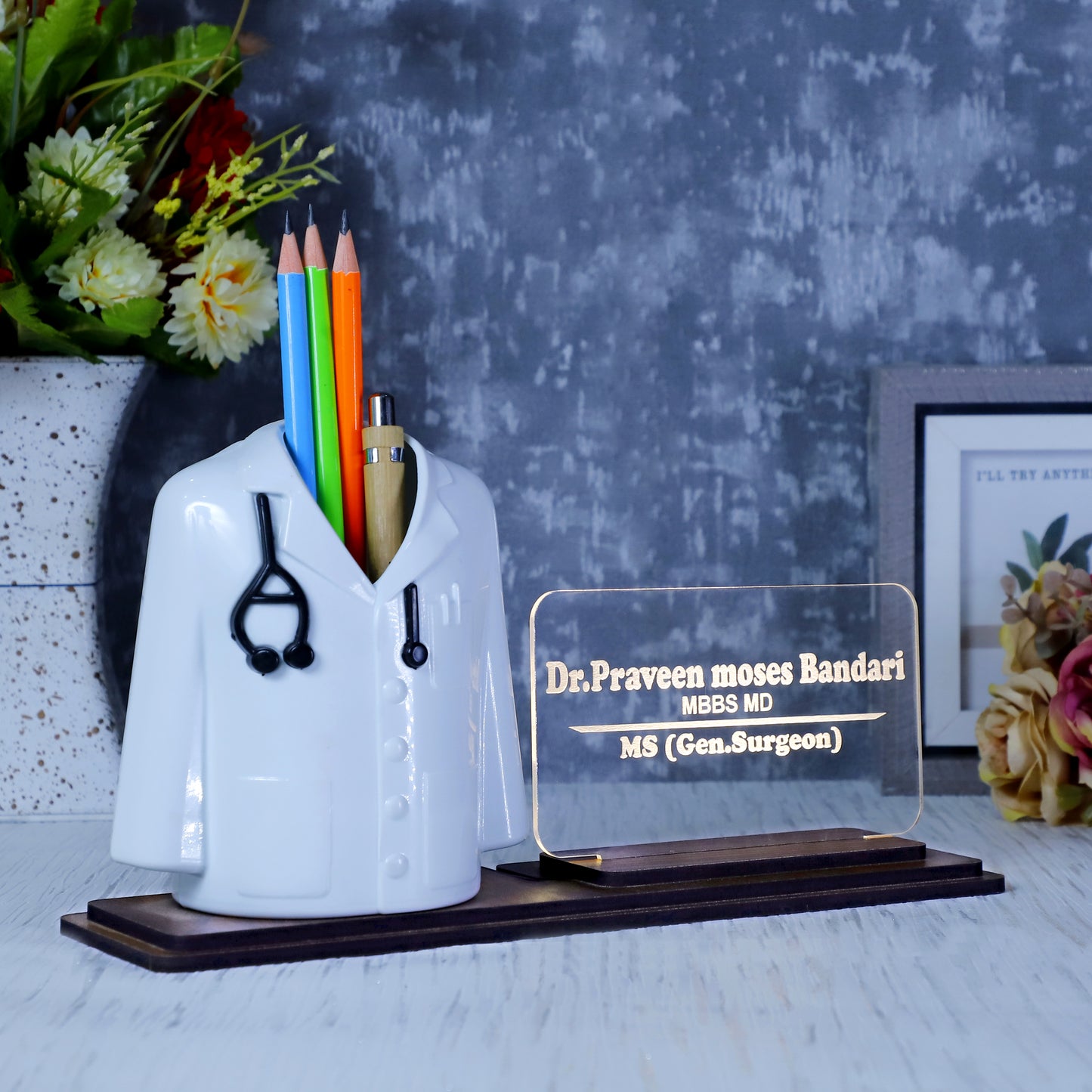 Doctor Coat Pen Stand with LED Name Plate, Wooden Base, Bamboo Pen & Personalized Wooden Keyring | Customized Desk Organizer for Doctors & Medical Aspirants | Apron Shape Pencil Holder