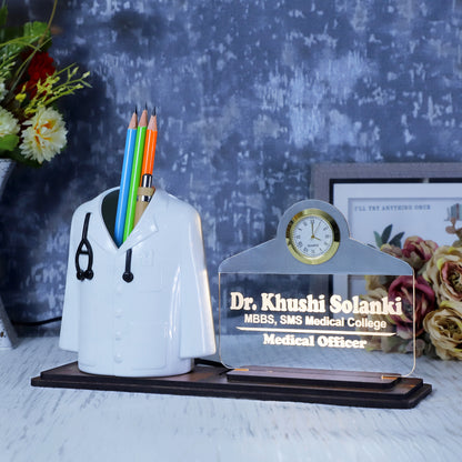Doctor Coat Pen Stand with LED Name Plate, Clock & Wooden Base | Customized Desk Organizer for Doctors & Medical Aspirants | Apron Shape Pencil Holder with Stylish Name Engraved Plate