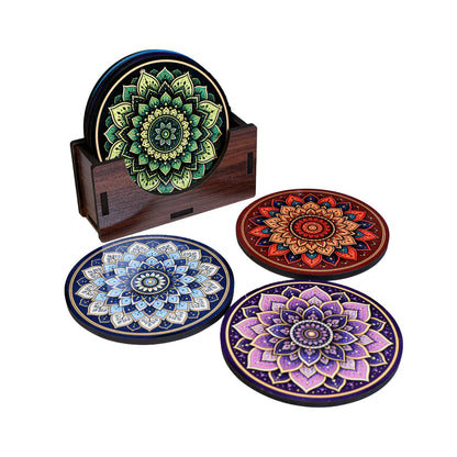 Mandala Art Tea Coasters Set of 4 with Holder - Wooden Coasters for Table