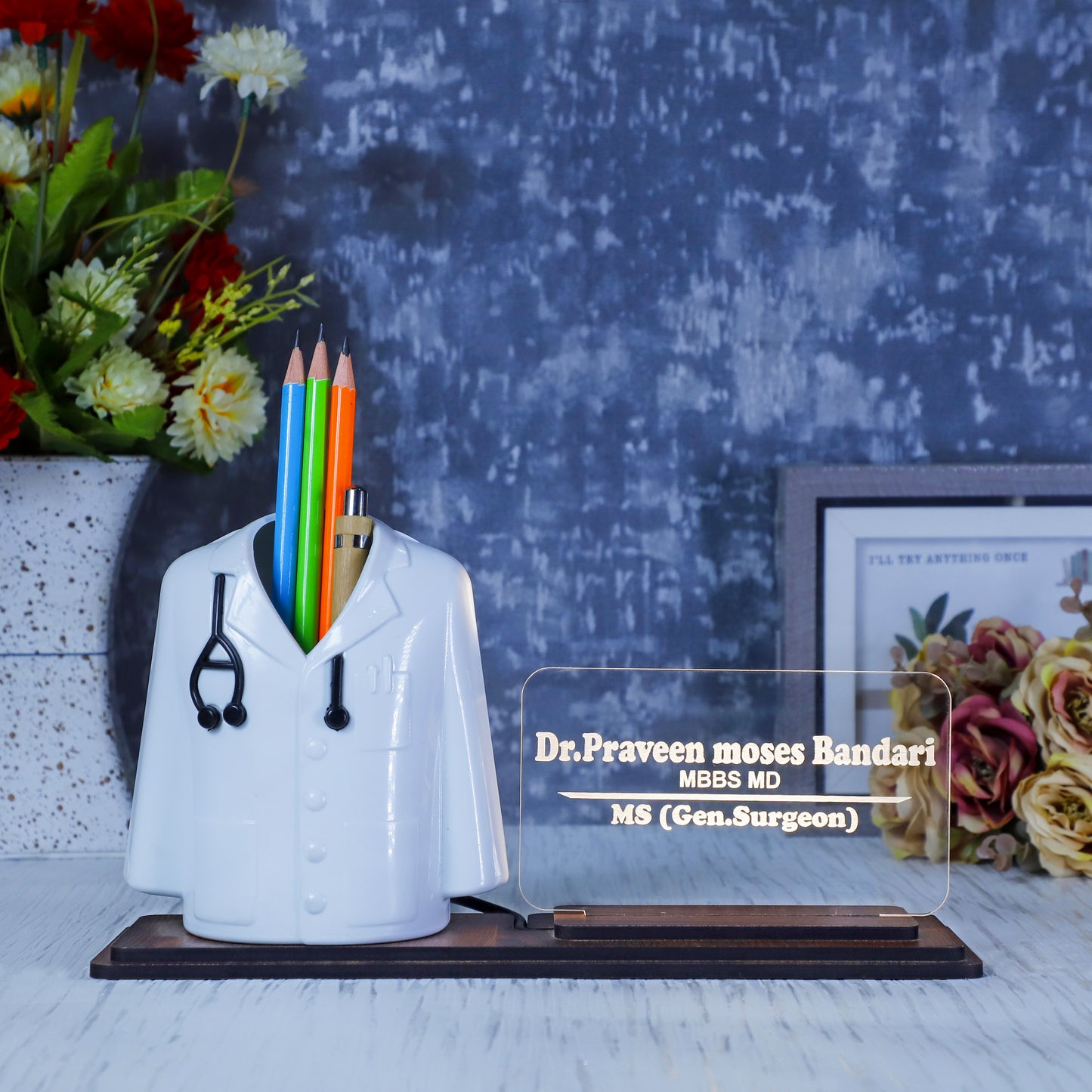Doctor Coat Pen Stand with LED Name Plate & Wooden Base | Customized Desk Organizer for Doctors & Medical Aspirants | Apron Shape Pencil Holder with Personalized Name Engraved Plate