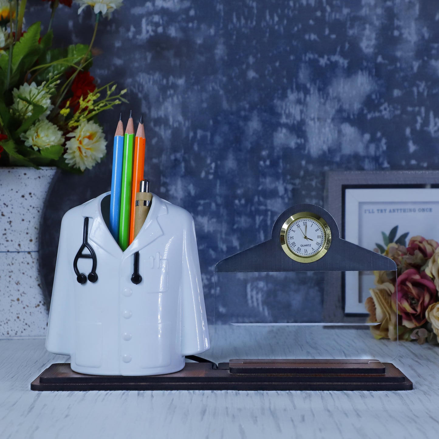 Doctor Coat Pen Stand with LED Name Plate, Clock & Wooden Base | Customized Desk Organizer for Doctors & Medical Aspirants | Apron Shape Pencil Holder with Stylish Name Engraved Plate