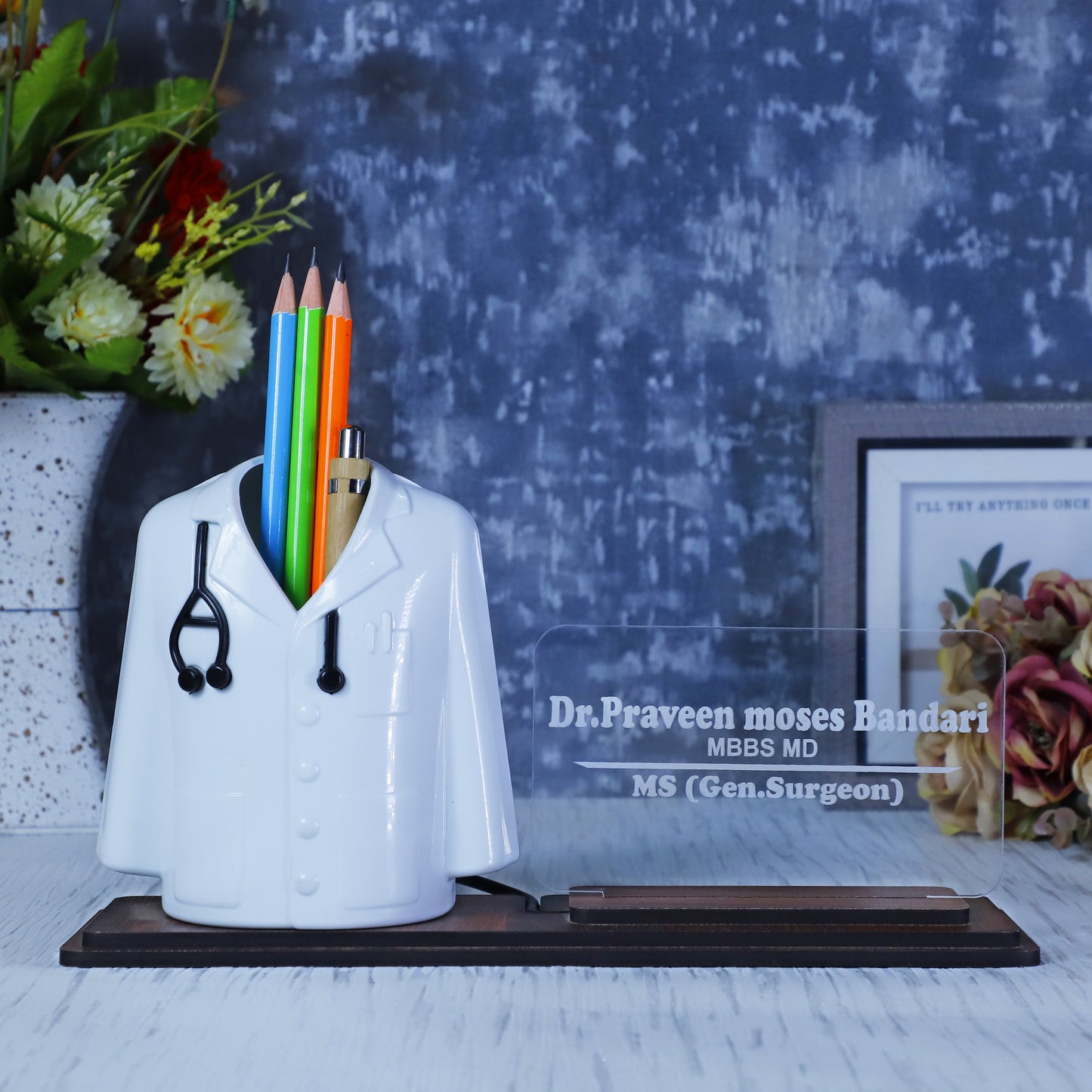 Doctor Coat Pen Stand with LED Name Plate, Wooden Base, Bamboo Pen & Personalized Wooden Keyring | Customized Desk Organizer for Doctors & Medical Aspirants | Apron Shape Pencil Holder