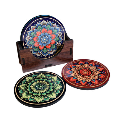 Mandala Art Tea Coasters Set of 4 with Holder - Wooden Coasters for Table