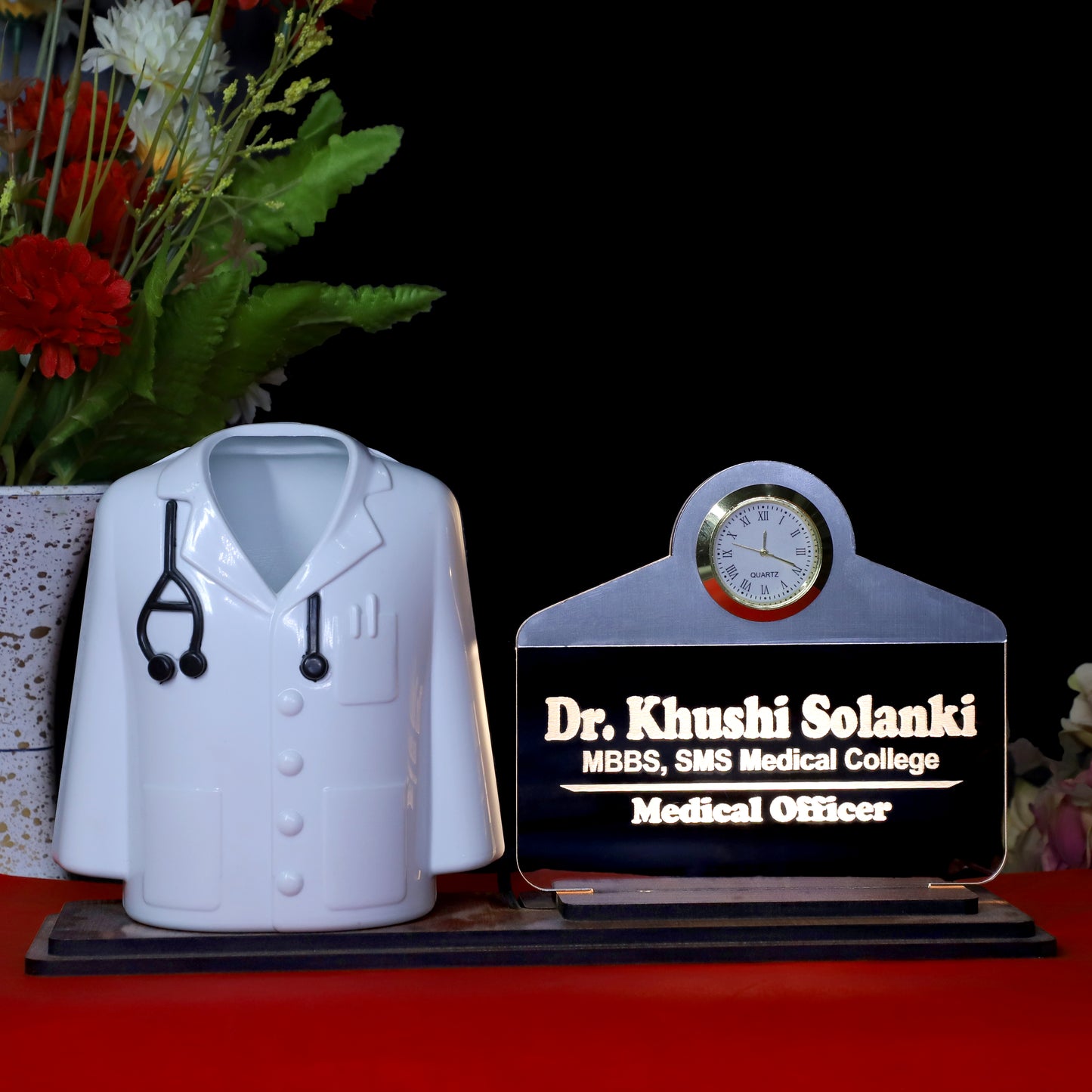 Doctor Coat Pen Stand with LED Name Plate, Clock & Wooden Base | Bamboo Pen & Personalized Wooden Keyring with Stylish Name Plate | Customized Desk Organizer for Doctors Medical Aspirants