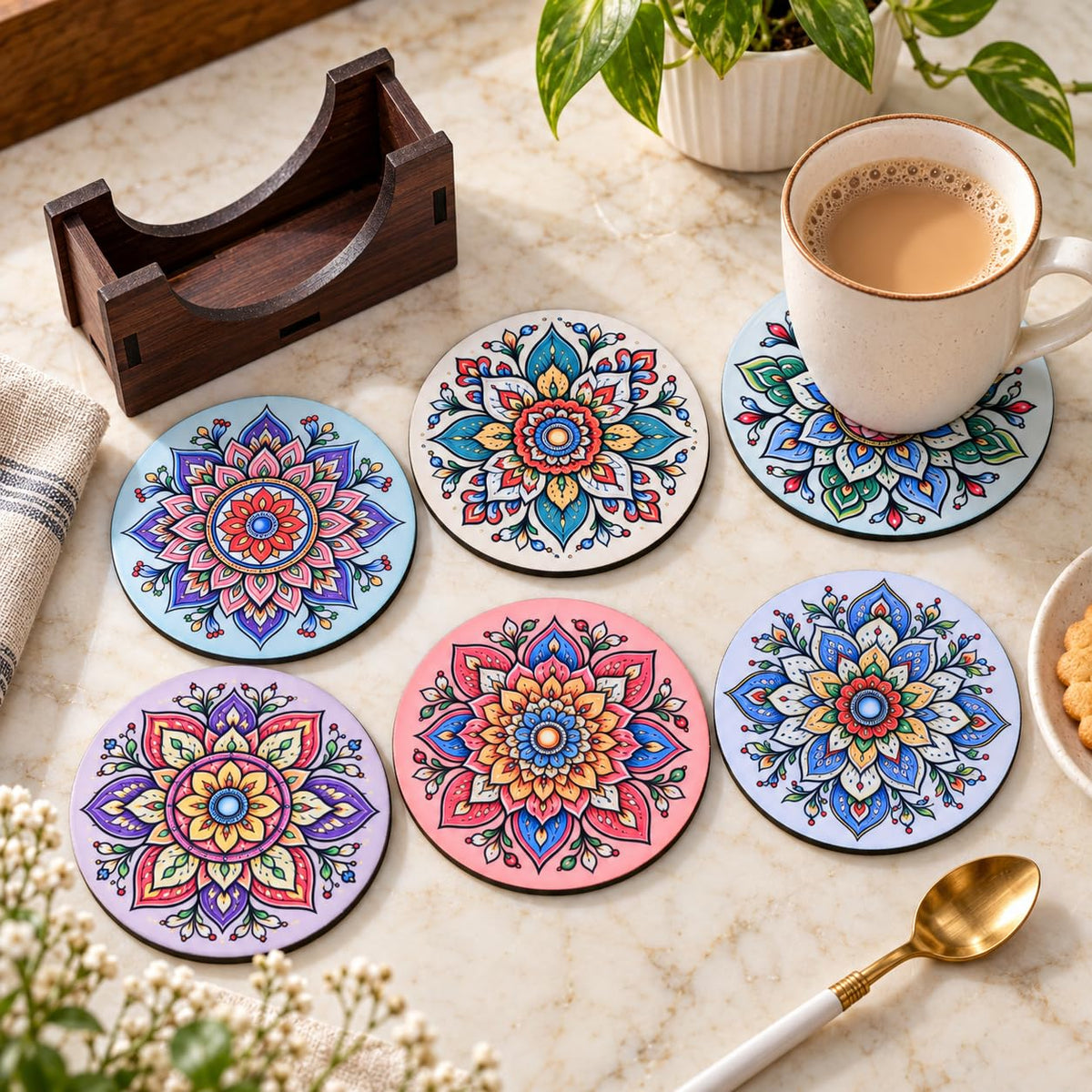 Pastel Mandala Tea Coasters Set of 6 with Wooden Stand – Round Printed Coasters for Cups, Mugs & Gifting, Multicolor