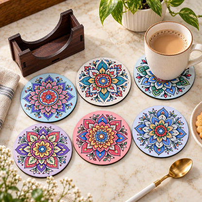 Pastel Mandala Tea Coasters Set of 6 with Wooden Stand – Round Printed Coasters for Cups, Mugs & Gifting, Multicolor