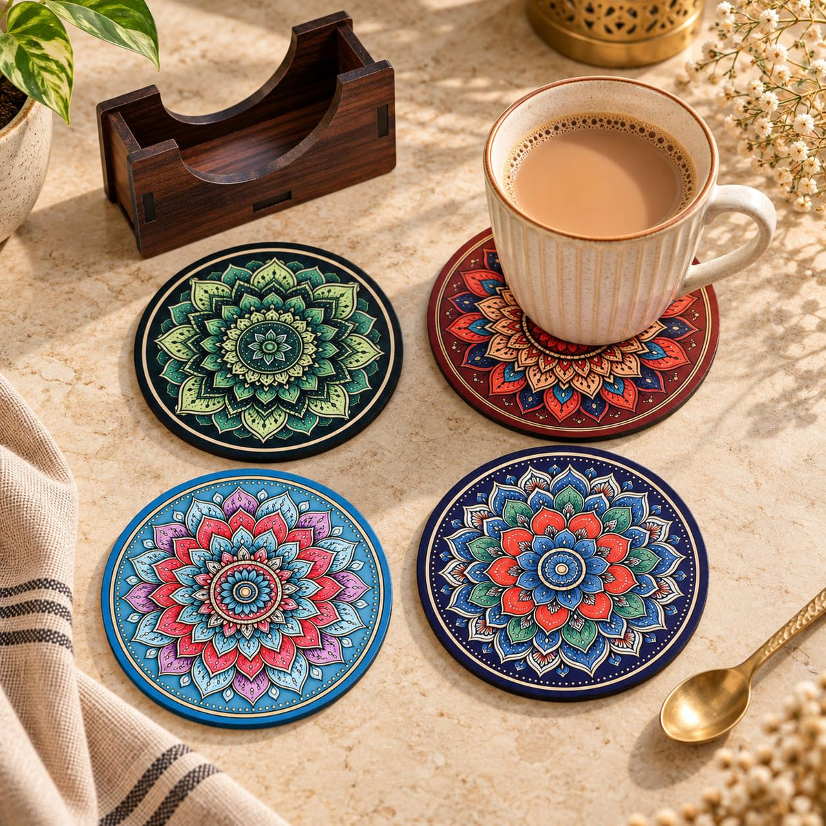 Mandala Tea Coasters Set of 4 with Wooden Stand – Round Printed Coasters for Cups, Mugs & Gifting, Multicolor