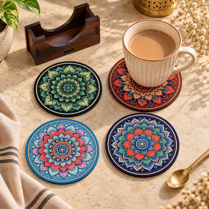 Mandala Tea Coasters Set of 4 with Wooden Stand – Round Printed Coasters for Cups, Mugs & Gifting, Multicolor