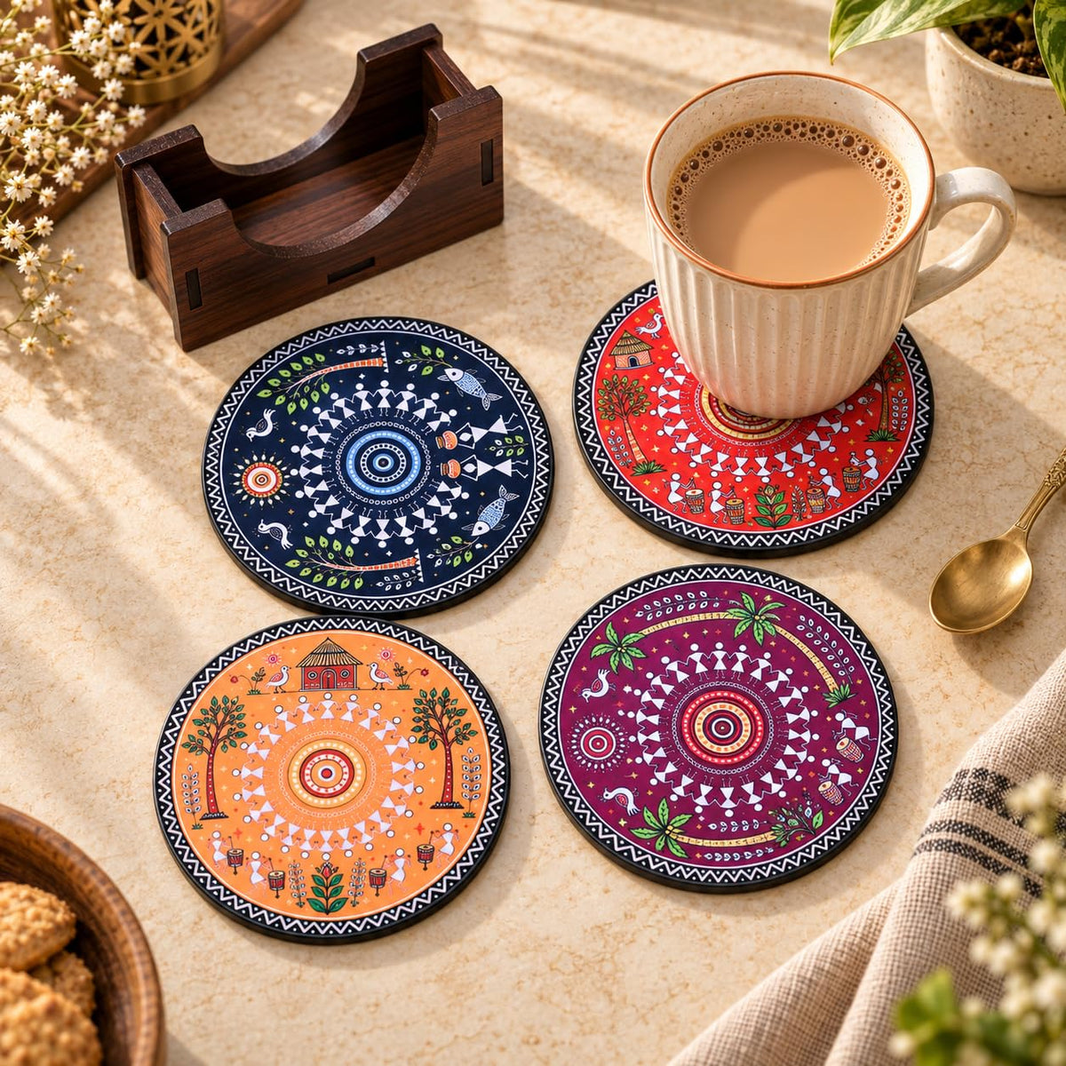 Warli Art Tea Coasters Set of 4 with Wooden Stand – Round Printed Coasters for Cups, Mugs & Gifting, Multicolor