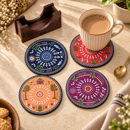 Warli Art Tea Coasters Set of 4 with Wooden Stand – Round Printed Coasters for Cups, Mugs & Gifting, Multicolor