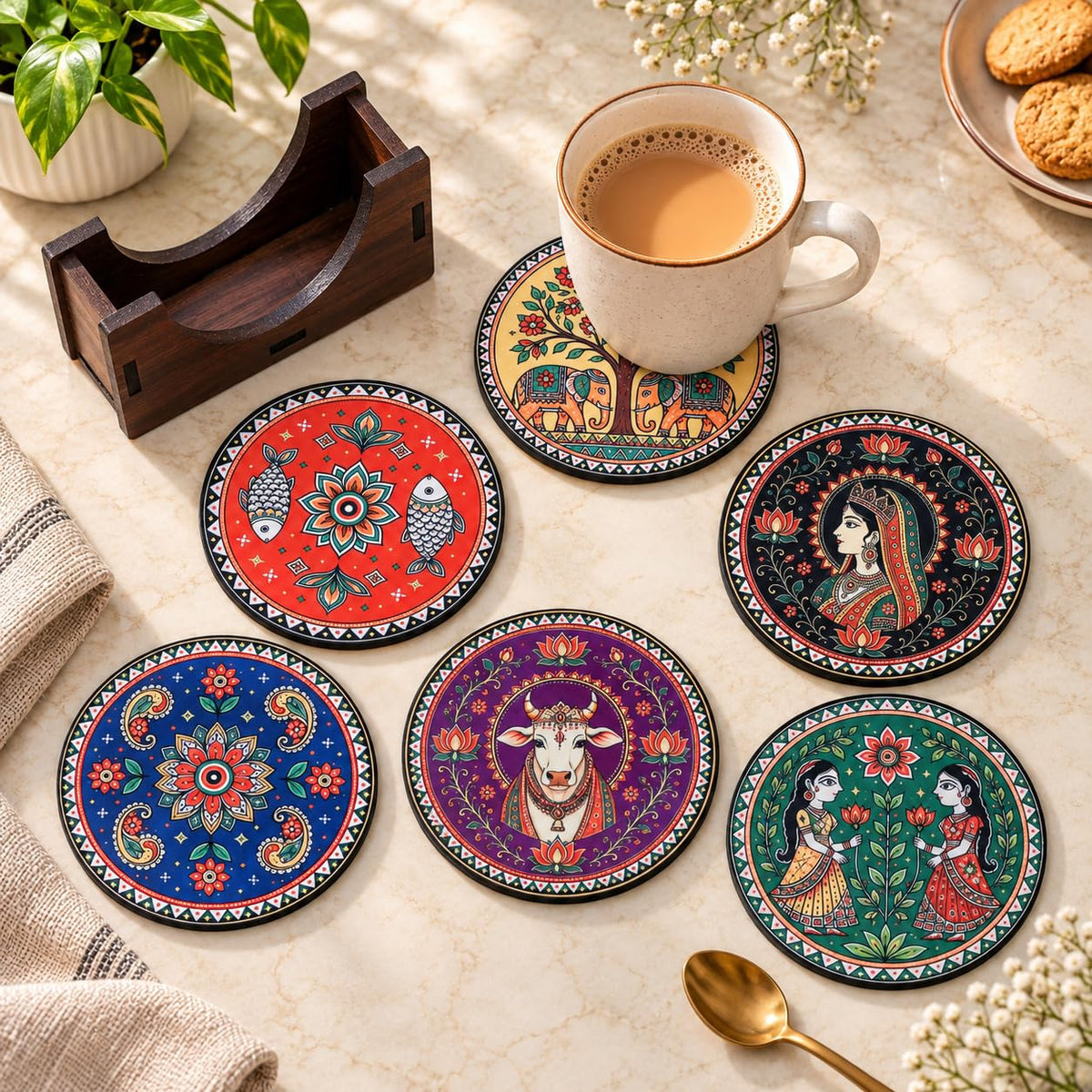 Indian Folk Art Tea Coasters Set of 6 with Wooden Stand – Round Printed Coasters for Cups, Mugs & Gifting, Multicolor