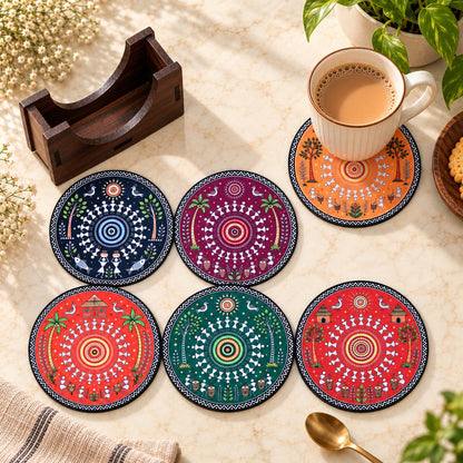 Warli Art Tea Coasters Set of 6 with Wooden Stand – Round Printed Coasters for Cups, Mugs & Gifting, Multicolor