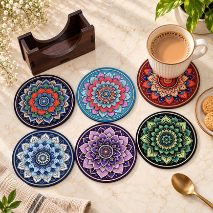 Mandala Tea Coasters Set of 6 with Wooden Stand – Round Printed Coasters for Cups, Mugs & Gifting, Multicolor