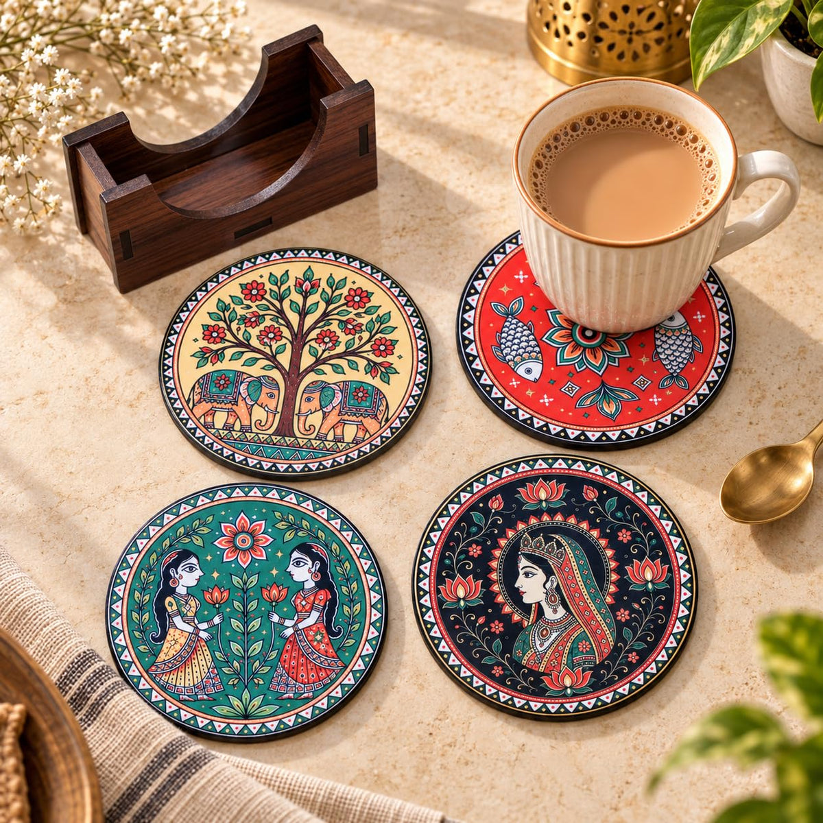 Indian Folk Art Tea Coasters Set of 4 with Wooden Stand – Round Printed Coasters for Cups, Mugs & Gifting, Multicolor