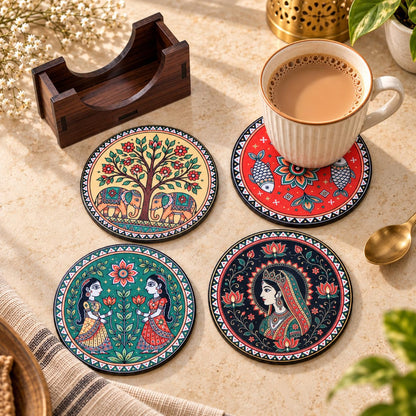 Indian Folk Art Tea Coasters Set of 4 with Wooden Stand – Round Printed Coasters for Cups, Mugs & Gifting, Multicolor