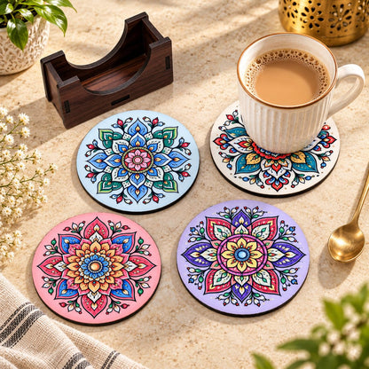 Pastel Mandala Tea Coasters Set of 4 with Wooden Stand – Round Printed Coasters for Cups, Mugs & Gifting, Multicolor