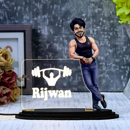 Personalized LED Caricature Name Plate for Men in Gym Sando Style | Custom Photo Bodybuilder Desk Decor Gift for Husband, Boyfriend & Brother