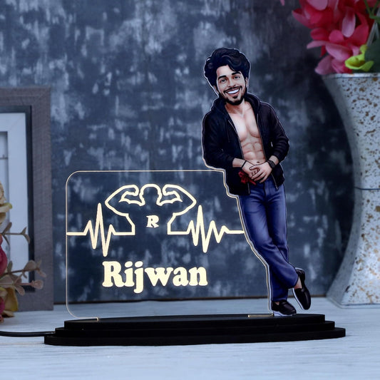 Personalized LED Caricature Name Plate for Men in Black Open Jacket | Custom Photo Bodybuilder Desk Decor Gift for Husband, Boyfriend & Brother