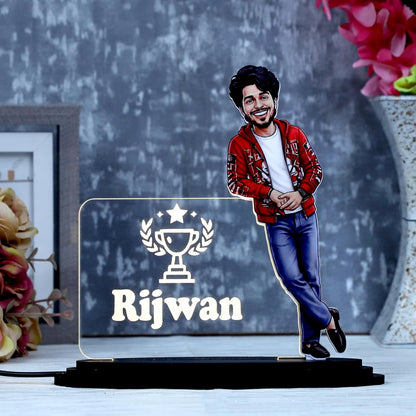 Personalized LED Caricature Name Plate for Men in Red Jacket | Custom Photo Bodybuilder Desk Decor Gift for Husband, Boyfriend & Brother
