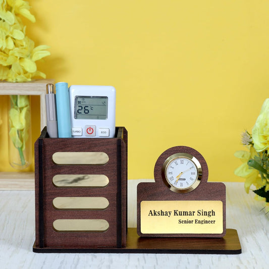 Personalized Wooden Desk Organizer with Clock & Name Plate | Executive Office Desk Pen Stand & Custom Gift