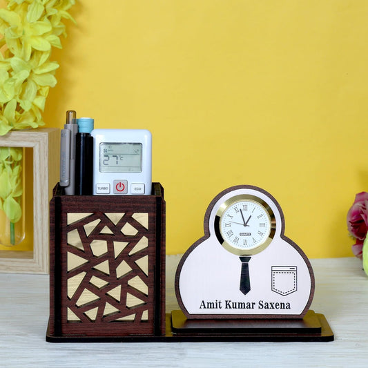 Personalized Shirt-Style Wooden Desk Organizer with Clock | Custom Name Plate & Pen Stand for Office