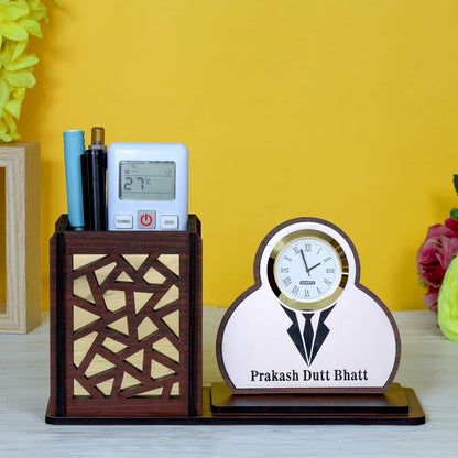 Personalized Wooden Desk Organizer with Clock & Suit Name Plate | Corporate Gift for Professionals | Executive Office Table Organizer | Customised Pen Stand Holder | Desk Decor - Suit Brown