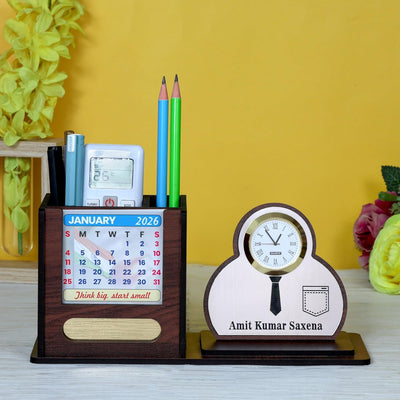 Personalized Desk Organizer with Pen Holder, Clock & Calendar | Shirt-Style | Custom Name Office Table Organizer
