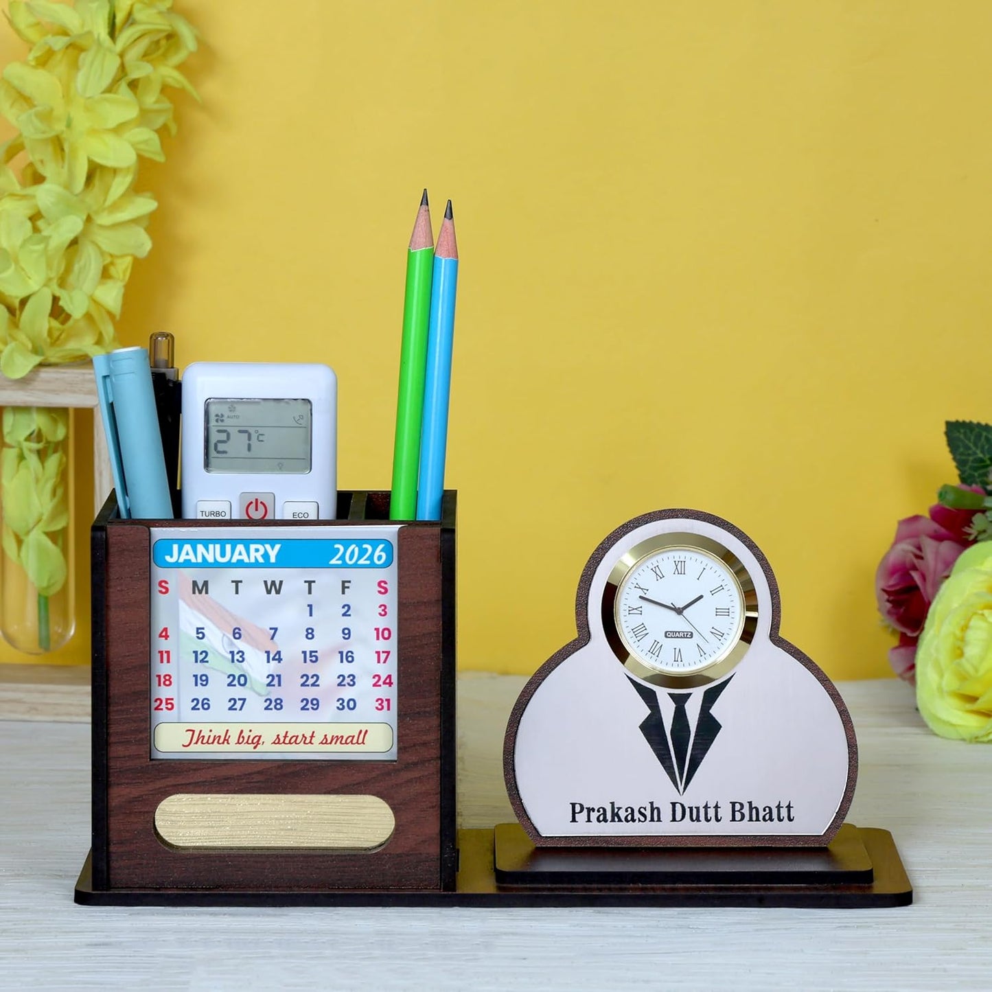 Giftationery Pen Stand for Table with Wooden Desk Organiser, Table Clock, Pen Holder Wooden & Latest Calendar | Personalized Office Desk Organizer | Suit Brown